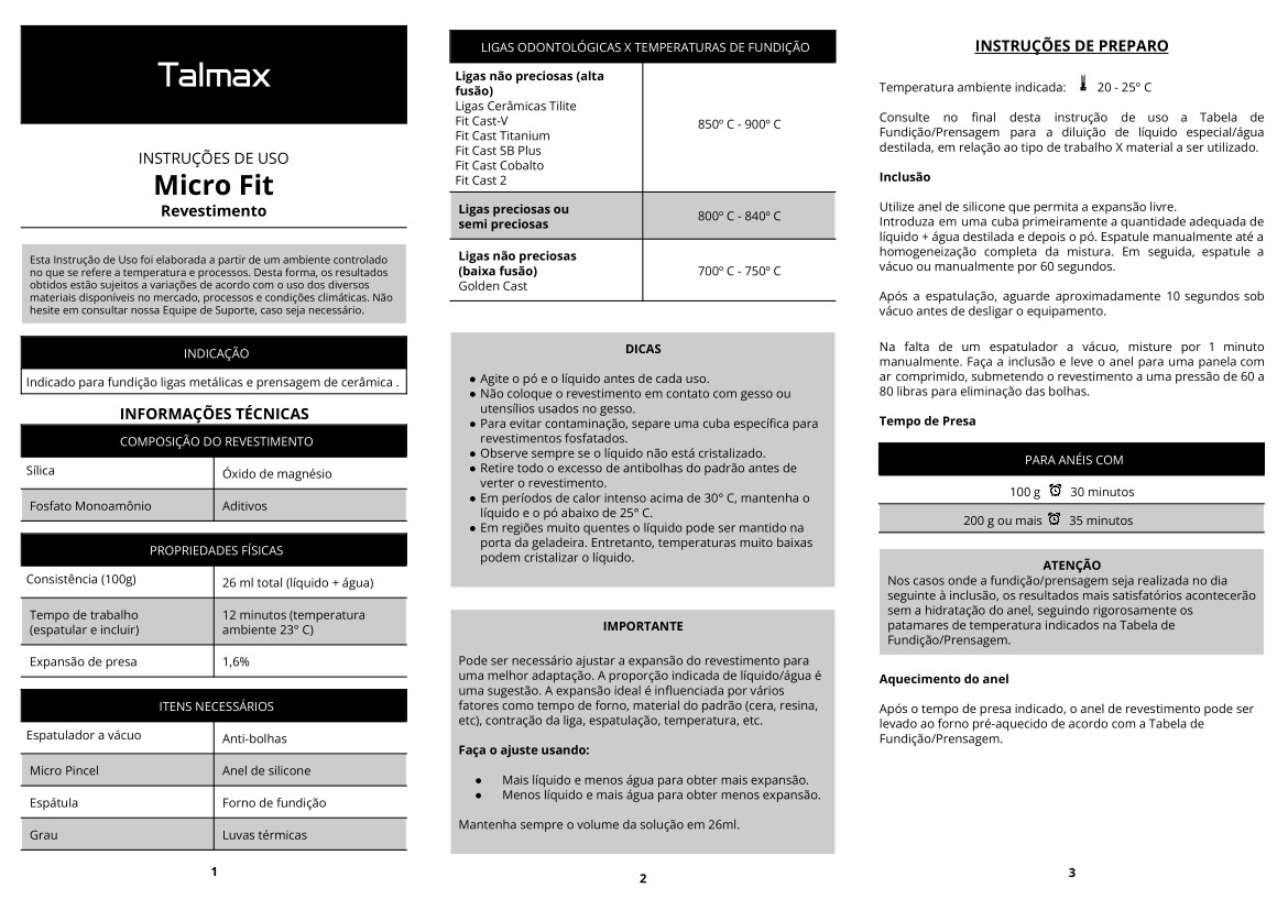 Instruções de Uso Revestimento Micro Fit 4,5Kg Talmax