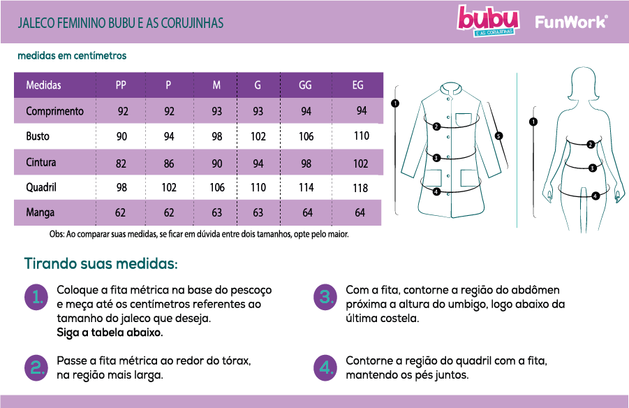 Tabela de Medidas Jaleco Feminino Bubu e as Corujinhas FunWork