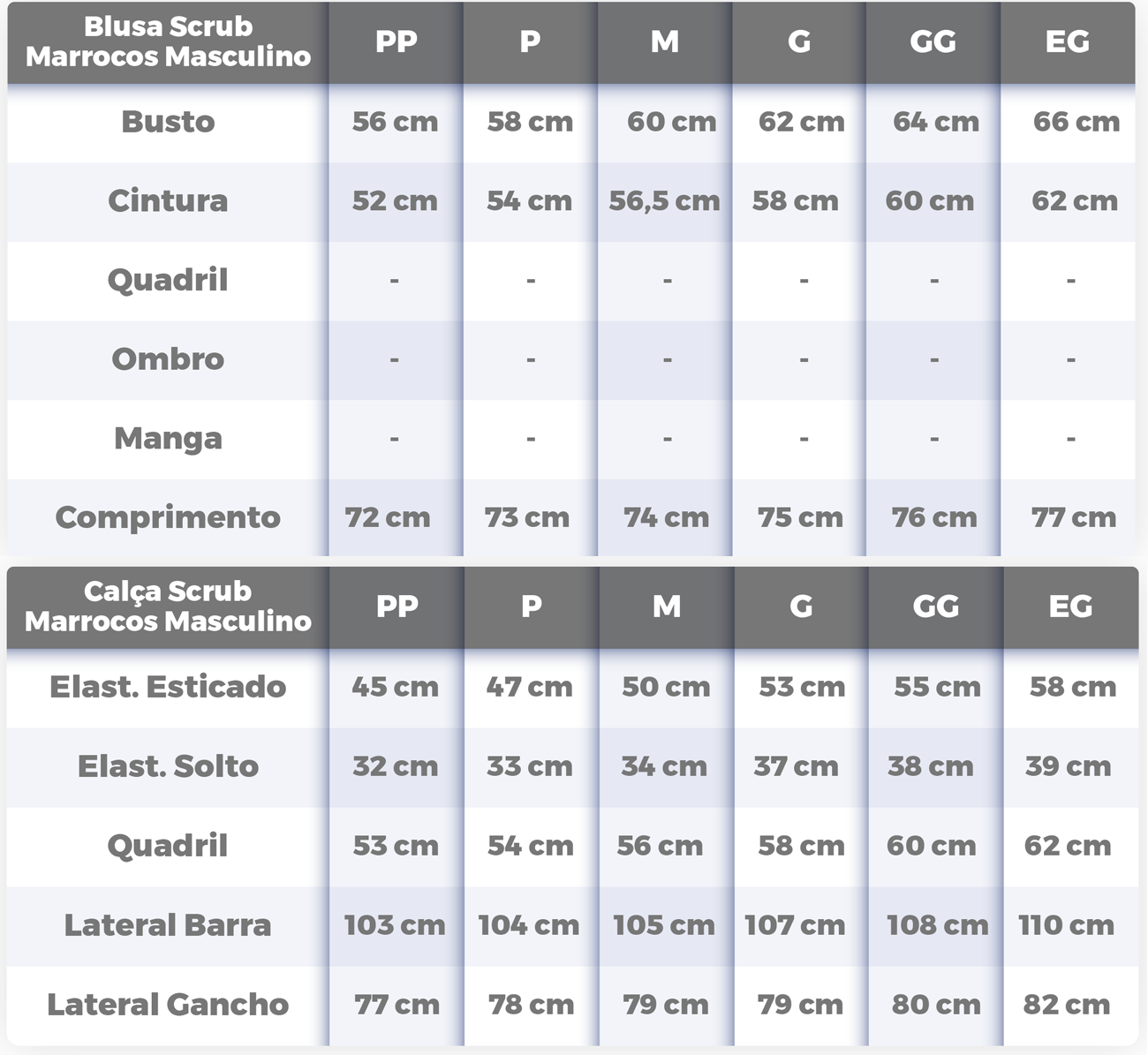 Tabela de Medidas Scrub Masculino Marrocos para Dentistas Chumbo BioStilo