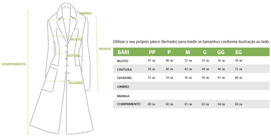 Tabela de Medidas Jaleco Feminino para Dentistas Branco com Azul Marinho