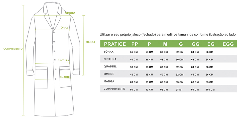 Tabela de Medidas Jaleco Masculino Pratice