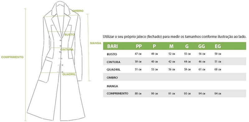 Tabela de Medidas Jaleco Feminino Odonto em Azul Marinho